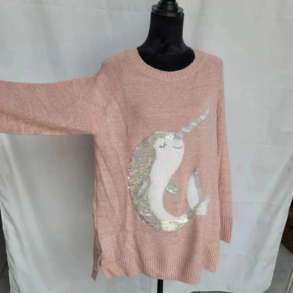 NWT Lauren Conrad Size XL Pink Narwal Dolphin Fuzz Graphic Tunic Sweater Stretch - Picture 6 of 13